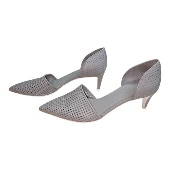 Vince Women's D'Orsay Pointed Toe Kitten Heel Pumps Perforated Leather Gray - Picture 3 of 9